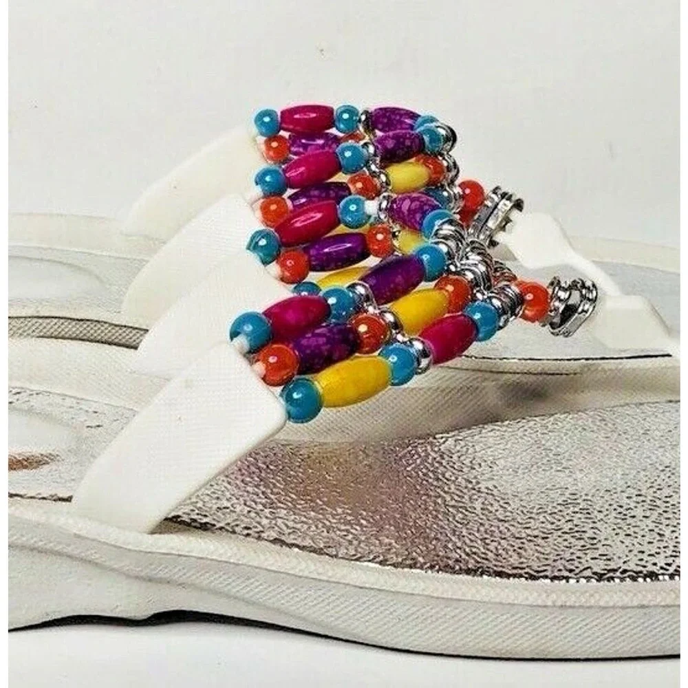 Womens White Rubber Colorful Beaded Thong Waterproof Flip‎ Flop Sandals L 10/11